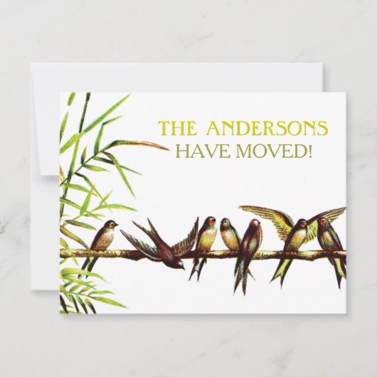 Invitation Vintage Birds Nouvelle adresse + Fête du réchauffe (Devant)