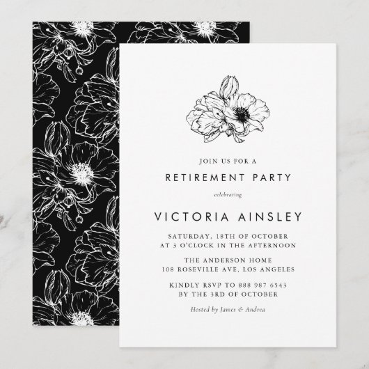 Invitation Vintage Black Anemone Floral Retraite Party (Devant / Derrière)