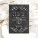 Invitation Vintage Black Chalkboard Mariage<br><div class="desc">Des tourbillons décoratifs et des fleurs encadrent cet élégant design de faire-part de mariage d'inspiration vintage. Arrière - plan rustique noir tableau noir texturé avec texte et design blanc. Personnalisez le texte personnalisé pour votre cérémonie de mariage et réception.</div>