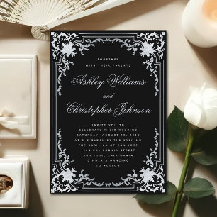 Invitation Vintage Black Faux Argent Elégant Mariage Orné