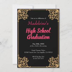 Invitation Vintage Black Gold Baroque Frame Rose Graduation