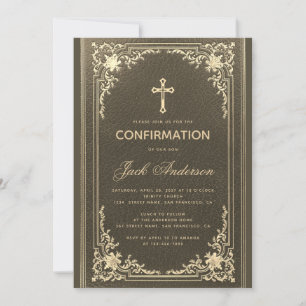 Invitation Vintage Black Gold Elegant Script Boy Confirmation