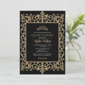Invitation Vintage Black Gold Princesse Tiara Quinceañera (Debout devant)