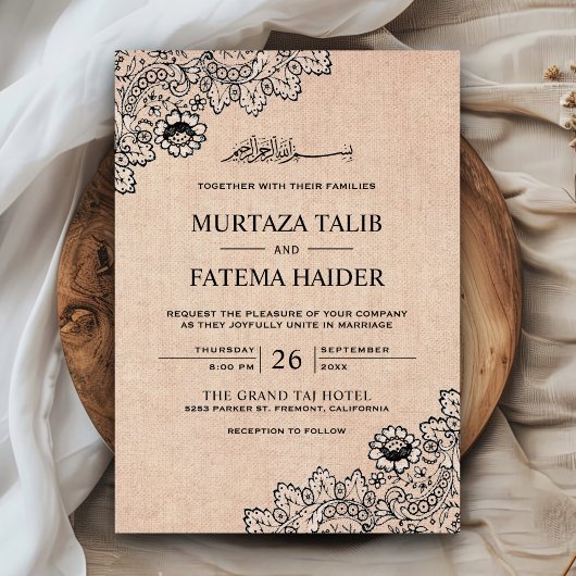 Invitation Vintage Black Lace Russe Burlap Mariage islamique