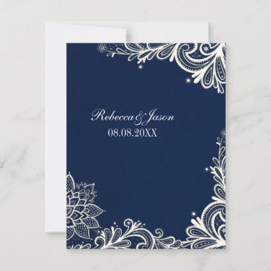 Invitation vintage blanc dentelle motif bleu marine mariage (Devant)