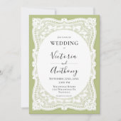 Invitation Vintage blanc dentelle vert Russe Mariage (Devant)