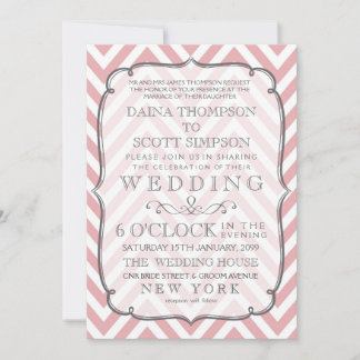 Invitation Vintage blanc et rose Mariage de rayures Chevron