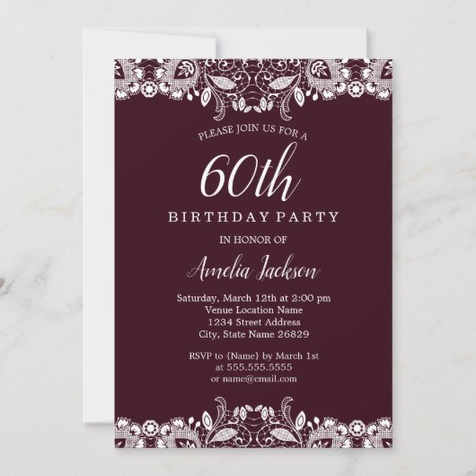 Invitation Vintage Blanche dentelle Bourgogne 60e anniversair (Devant)