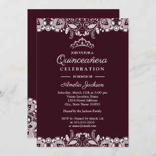 Invitation Vintage Blanche dentelle Bourgogne Quinceanera