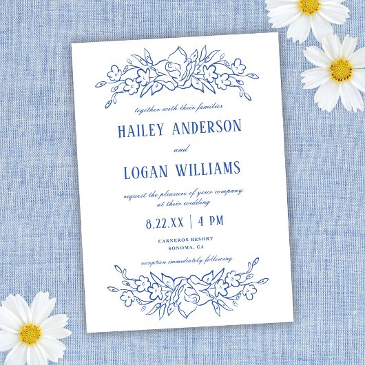 Invitation Vintage Bleu & Blanc Floral Élégant Mariage