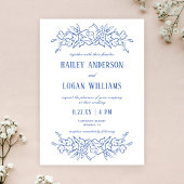 Invitation Vintage Bleu & Blanc Floral Élégant Mariage