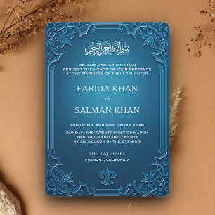 Invitation Vintage Bleu Cadre Orné Mariage islamique