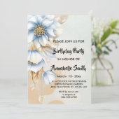 Invitation Vintage Bleu fleuri Anniversaire (Debout devant)