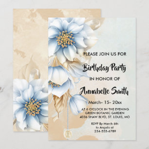 Invitation Vintage Bleu fleuri Anniversaire