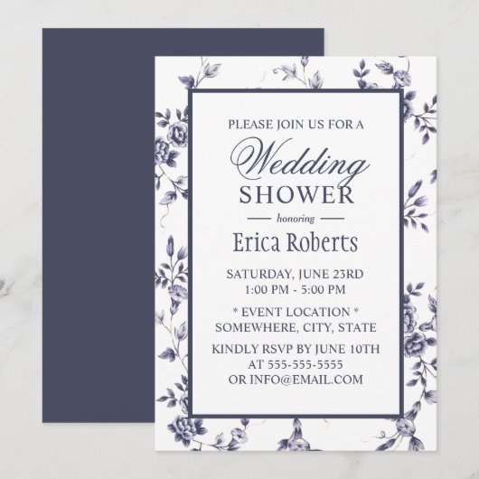Invitation Vintage Bleu Floral Elégant Mariage Douche (Devant / Derrière)