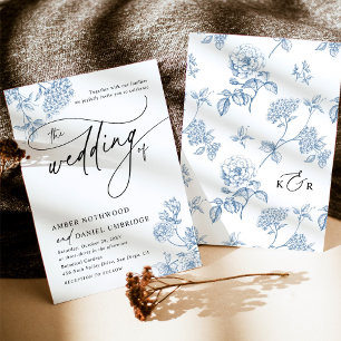 Invitation Vintage bleu Floral moderne Script Mariage