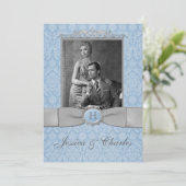 Invitation Vintage bleu, gris damassé troncs Mariage photo (Debout devant)