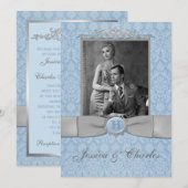 Invitation Vintage bleu, gris damassé troncs Mariage photo (Devant / Derrière)