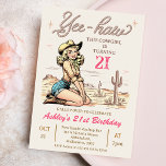 Invitation Vintage Blonde Yee-haw Cowgirl 21e anniversaire<br><div class="desc">Vintage Blonde Yee-haw Cowgirl 21st Birthday Invitation Fun cowgirl thème 21st anniversaire invitation pour un adulte avec une image de cowgirl blonde de style rétro ancienne,  paysage désertique et corde comme texte en marron. L'âge est entièrement modifiable pour que ce modèle puisse être utilisé pour différents âges.</div>