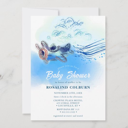 Invitation Vintage Blue avion Aquarelle Bébé Garçon Douche (Devant)