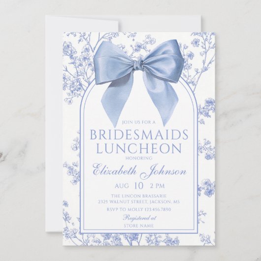 Invitation Vintage Blue Bow Floral Bridesmaids Luncheon (Devant)