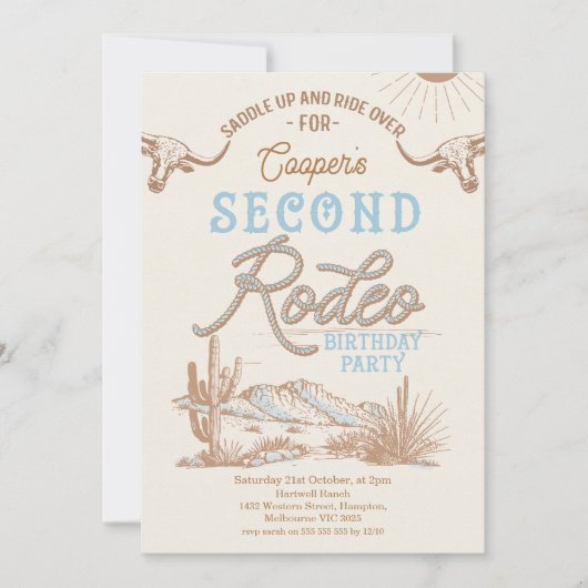 Invitation Vintage Blue Boys First Rodeo 2e anniversaire (Devant)