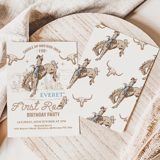 Invitation Vintage Blue Brown Cowboy Rodeo 1er anniversaire