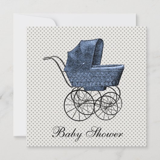 Invitation Vintage Blue Carriage Pram Baby Boy Douche (Devant)