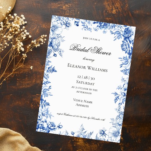 Invitation Vintage Blue Floral Toile Bridal Shower