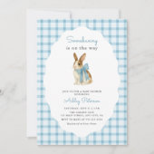 Invitation Vintage Blue Gingham Bunny Boy Baby Shower (Devant)