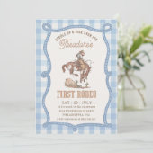 Invitation Vintage Blue Gingham First Rodeo (Debout devant)