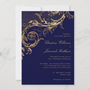 Invitation Vintage Blue Gold Floral Damask Script Mariage