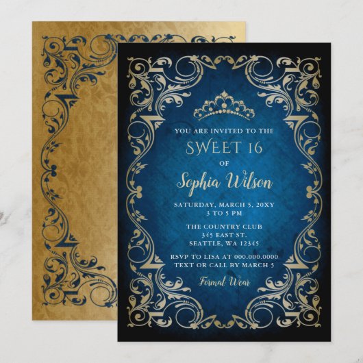 Invitation Vintage Blue Gold Princesse Tiara Sweet 16 (Devant / Derrière)