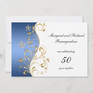 Invitation Vintage Blue Gold tournoie 50e anniversaire Mariag