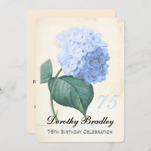 Invitation Vintage Blue Hydrangea 75e anniversaire Célébratio (Devant / Derrière)