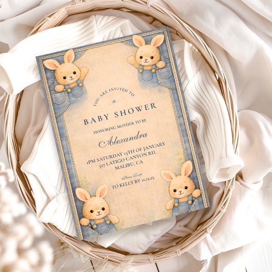 Invitation Vintage Blue Jeans Bunny Nursery  Baby Shower