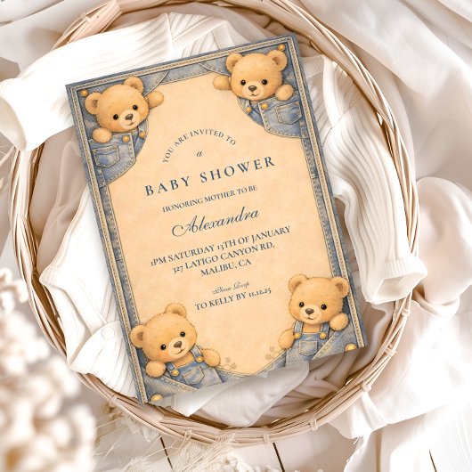 Invitation Vintage Blue Jeans Teddy Baby Shower