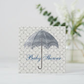 Invitation Vintage Blue Parasol Damask Baby Boy Douche (Debout devant)
