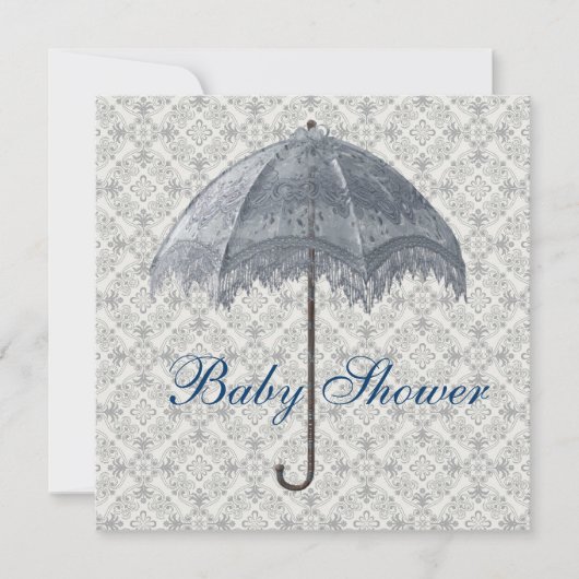 Invitation Vintage Blue Parasol Damask Baby Boy Douche (Devant)
