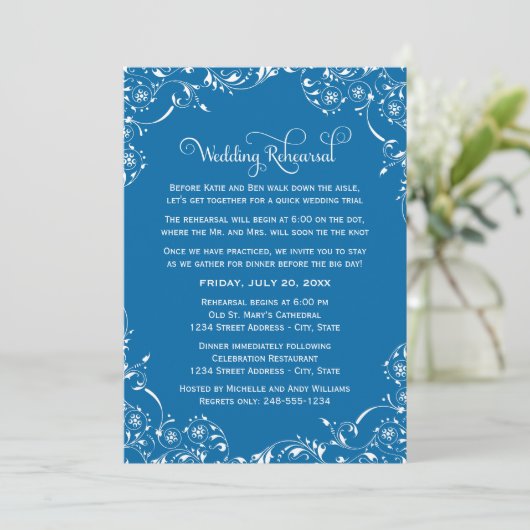 Invitation Vintage Blue Scrolls Répétition Mariage et dîner (Debout devant)