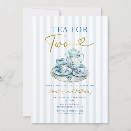 Invitation Vintage Blue Tea for two girl Birthday Stripe (Devant)