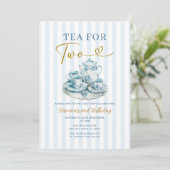 Invitation Vintage Blue Tea for two girl Birthday Stripe (Debout devant)