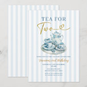 Invitation Vintage Blue Tea for two girl Birthday Stripe (Devant / Derrière)