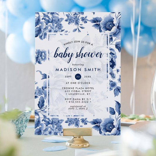 Invitation Vintage Blue Toile Floral Baby Shower