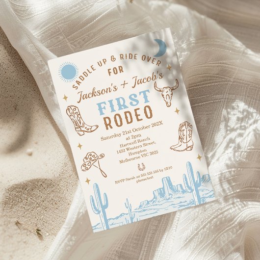 Invitation Vintage Blue Twins Premier Rodéo 1er Anniversaire