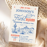 Invitation Vintage Blue Western Desert Rodeo 1er anniversaire<br><div class="desc">Vintage Blue Western Desert Rodeo 1er anniversaire Invitation Boy's bleu et rouge première invitation rodéo avec un paysage désertique,  style de corde et d'autres texte de police de style occidental.</div>