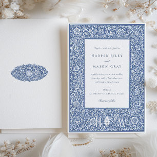 Invitation Vintage Blue William Morris Style Mariage