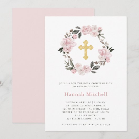 Invitation Vintage Blush Floral et Gold Cross | Confirmations (Devant / Derrière)