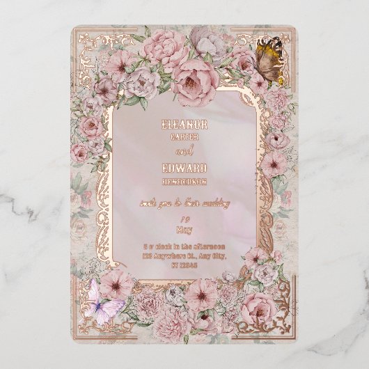 Invitation vintage Blush Peony Mariage Foil (Recto)