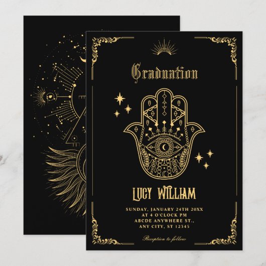 Invitation Vintage Bohemian art symbols graduation (Devant / Derrière)
